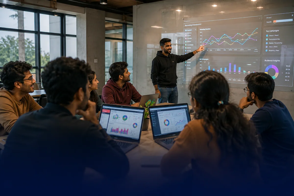 A small BlueTick batch reviewing live Google Ads campaigns; trainer at the whiteboard with a real-time performance dashboard