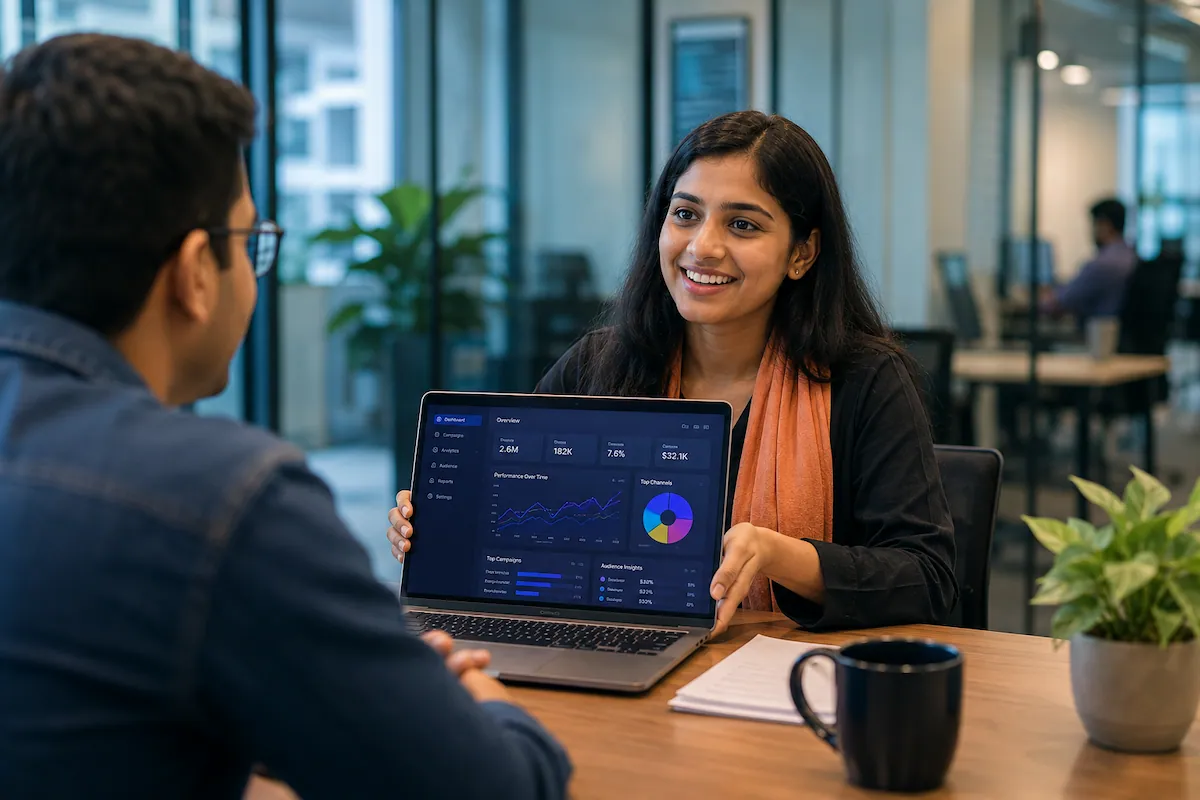 A BlueTick student confidently presenting a live marketing dashboard across the table in an interview