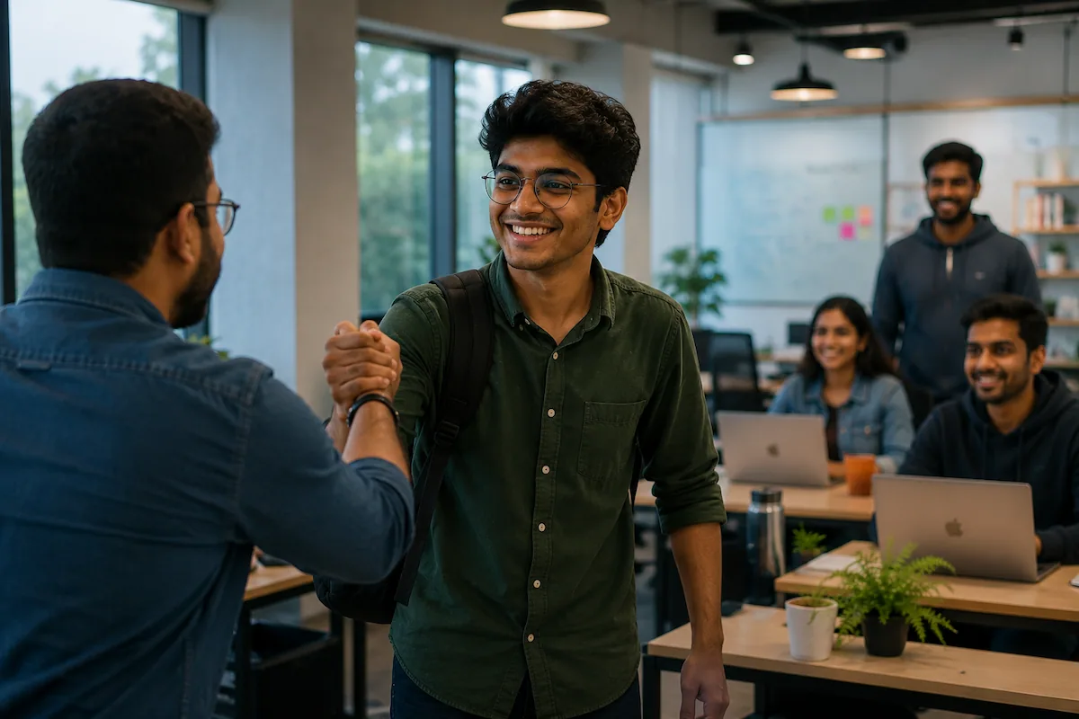 A BlueTick graduate welcomed into a Bangalore agency, with the team working on laptops behind