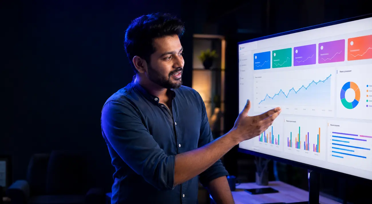 A BlueTick trainer monitoring live ad-campaign dashboards across dual screens