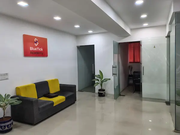Reception and BlueTick Academy signage at the Indiranagar centre, Bangalore